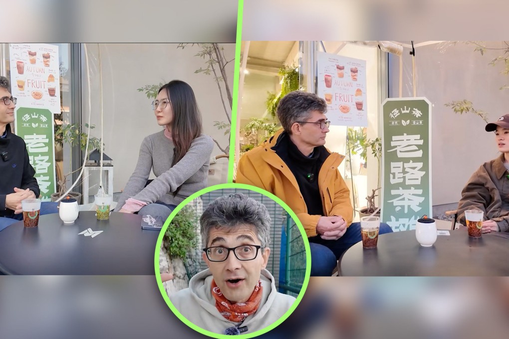 A creative and thoughtful foreigner in China has become a major hit on mainland social media after he set up a street tea-drinking stall at which he discusses life problems with random passers-by. Photo: SCMP composite/Douyin