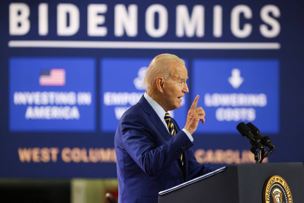 US President Joe Biden talks economic policy at the Flex facility in West Columbia, South Carolina on July 6. Last year, 71 per cent of industrial policy interventions came from advanced economies, with 48 per cent from three alone – China, the EU and the US. Photo: Bloomberg