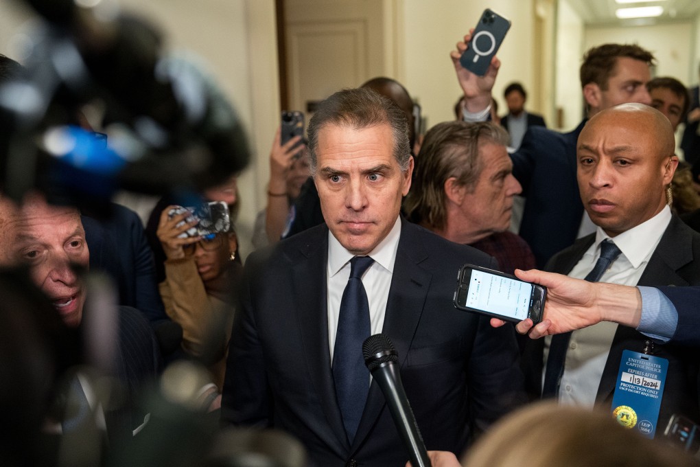 Hunter Biden (centre) leaves a House Oversight Committee meeting on Capitol Hill on Wednesday. Photo: TNS