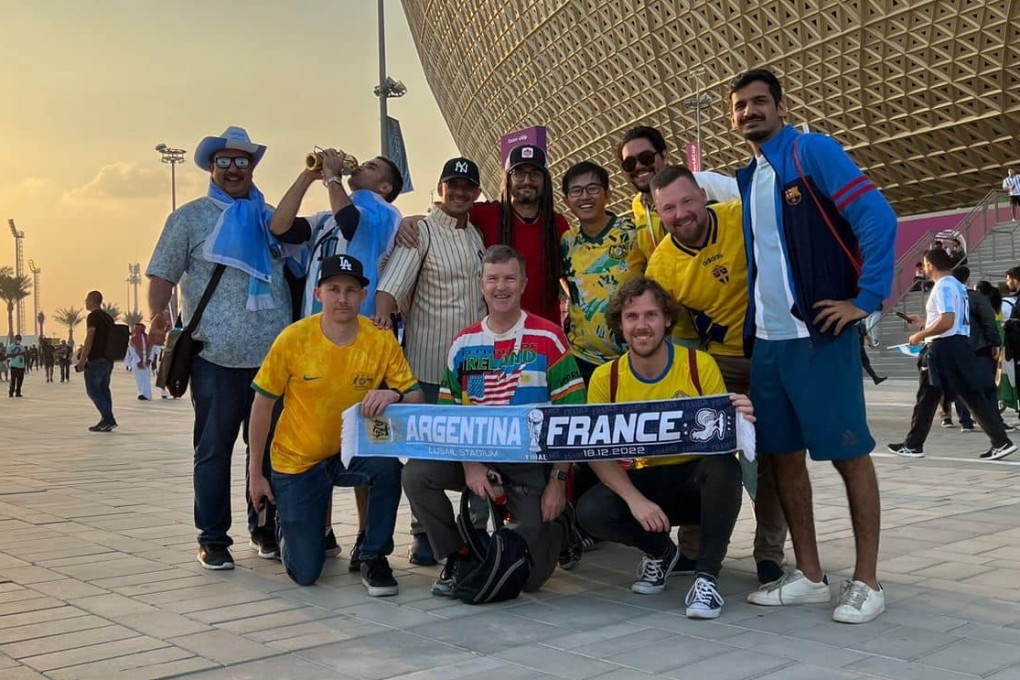 Members of Travis McNamara’s WhatsApp group, including Vivek Luthra (far left), Luis Orgaz (standing, in red shirt) and Akarsh Sharma (far right), in Qatar in 2022. The group help each other buy tickets for World Cup and Euro tournaments and share tips on hotels, restaurants and places to avoid. Photo: Travis McNamara