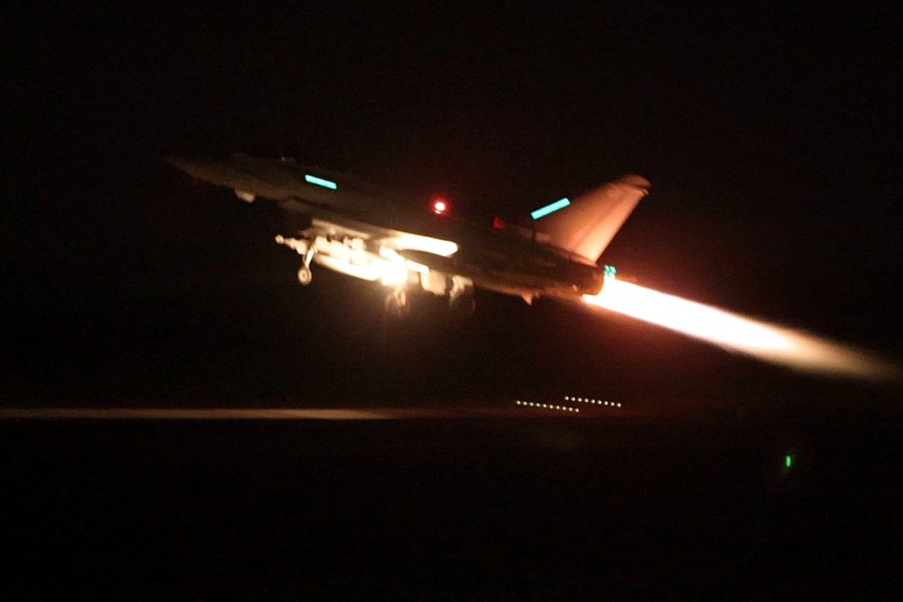 An RAF Typhoon aircraft takes off from Cyprus to carry out strikes in Yemen. Photo: UK Ministry of Defence via Reuters