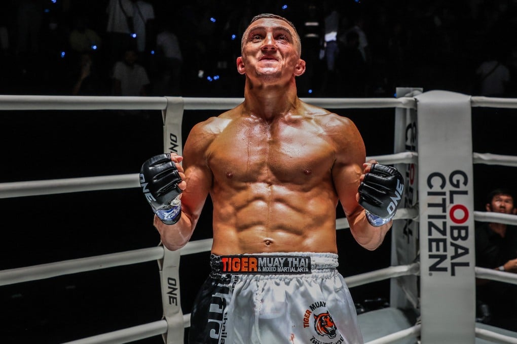 Alexey Balyko clebrates after being Suakim Sor Jor Tongprajin at ONE Friday Fights 46. Photo: ONE Championship