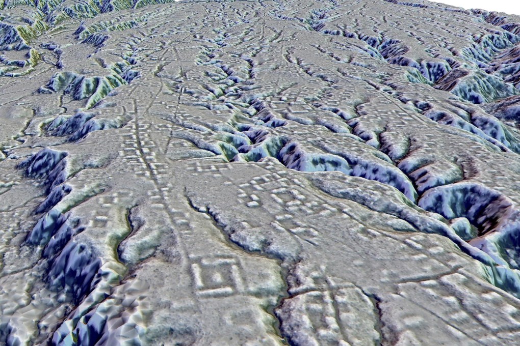 This Lidar image shows complexes of rectangular platforms arranged around low squares and distributed along wide dug streets at the Kunguints site, in the Upano Valley in Ecuador. Image: Antoine Dorison, Stephen Rostain via AP