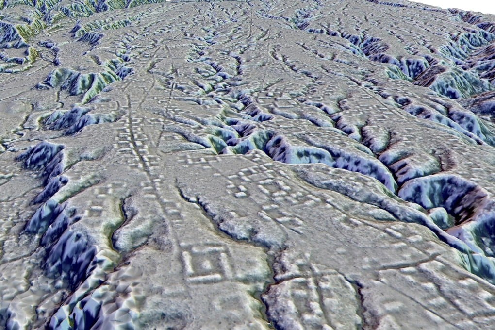 This Lidar image shows complexes of rectangular platforms arranged around low squares and distributed along wide dug streets at the Kunguints site, in the Upano Valley in Ecuador. Image: Antoine Dorison, Stephen Rostain via AP