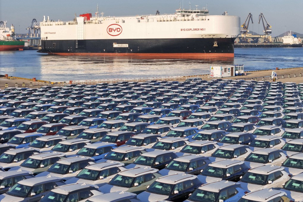 Electric cars for export wait to be loaded on BYD Explorer No 1 at Yantai port, in eastern China’s Shandong province. Shenzhen-based BYD has surpassed the US’ Tesla as the world’s largest maker of pure electric vehicles. Photo: AFP