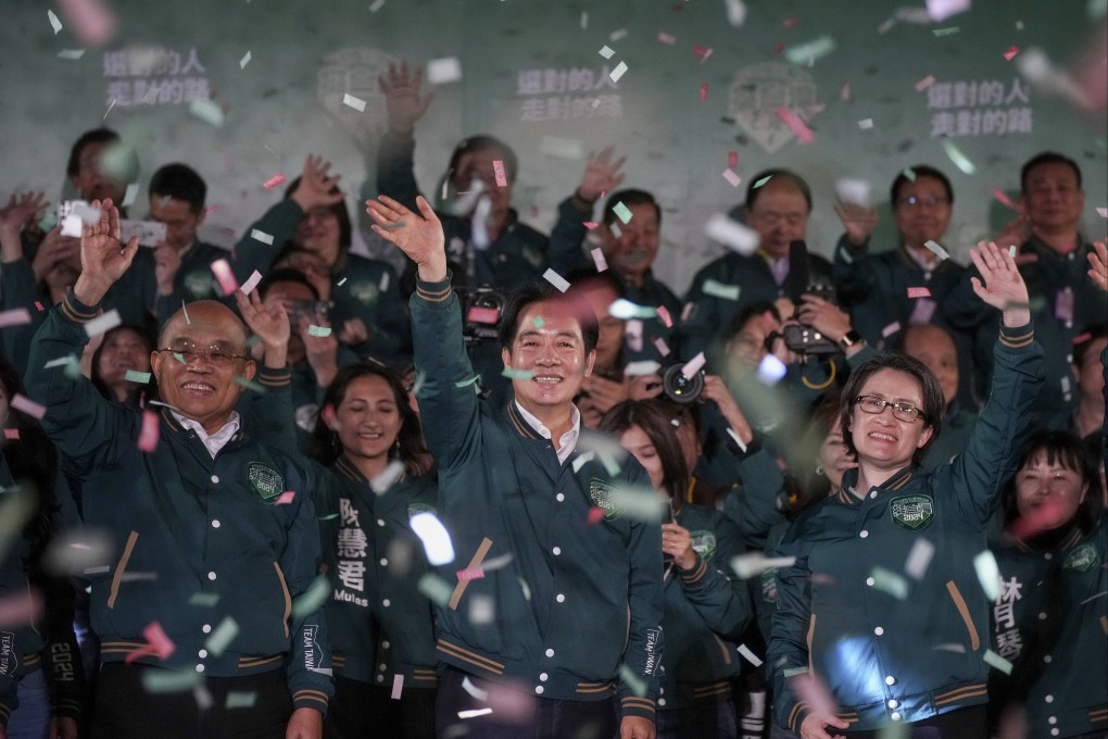William Lai Ching-te and running mate Hsiao Bi-khim (right) celebrate their victory at an election night rally outside the Democratic Progressive Party headquarters in Taipei. Photo: Elson Li