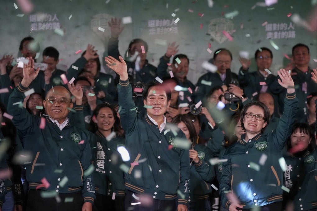 William Lai Ching-te and running mate Hsiao Bi-khim (right) celebrate their victory at an election night rally outside the Democratic Progressive Party headquarters in Taipei. Photo: Elson Li