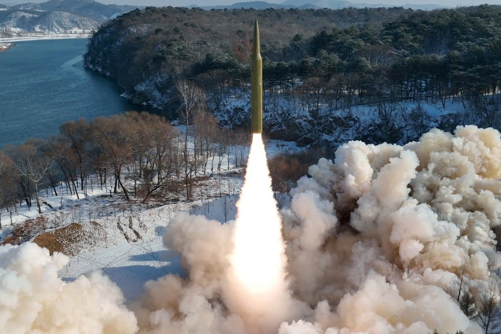 A ballistic missile, said to be solid-fuel and hypersonic, launches during a test at an unspecified location in North Korea. Photo: KCNA via Reuters