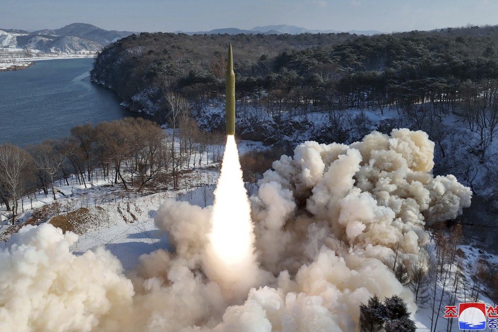 A photo shows what North Korea says is a flight test of a new solid-fuel intermediate-range in the country on Sunday. Photo: Korean Central News Agency/Korea News Service via AP