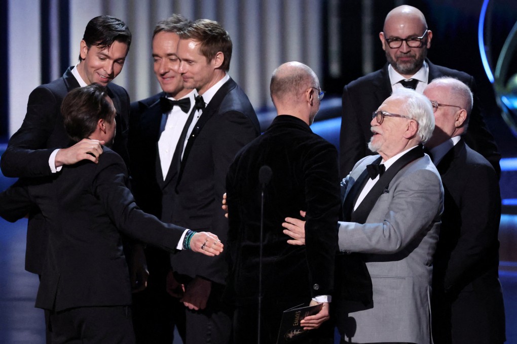 “Succesion” creator Jesse Armstrong and cast members celebrate after the HBO show won the Emmy Award for best drama series at the Peacock Theatre in Los Angeles, one of six awards it took home. “Beef” and “The Bear” were the other big winners. Photo: Reuters