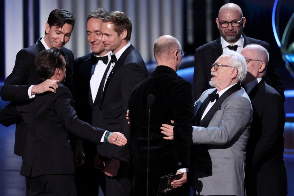 “Succesion” creator Jesse Armstrong and cast members celebrate after the HBO show won the Emmy Award for best drama series at the Peacock Theatre in Los Angeles, one of six awards it took home. “Beef” and “The Bear” were the other big winners. Photo: Reuters