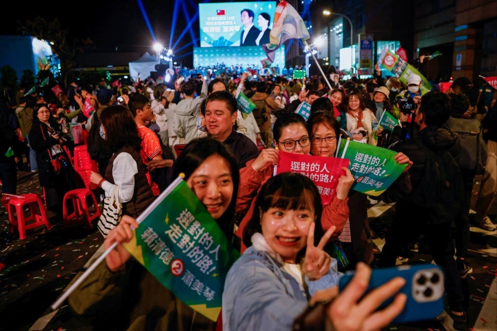 DPP supporters celebrate William Lai Ching-te’s victory in Taiwan’s presidential elections on Saturday. Photo: Reuters