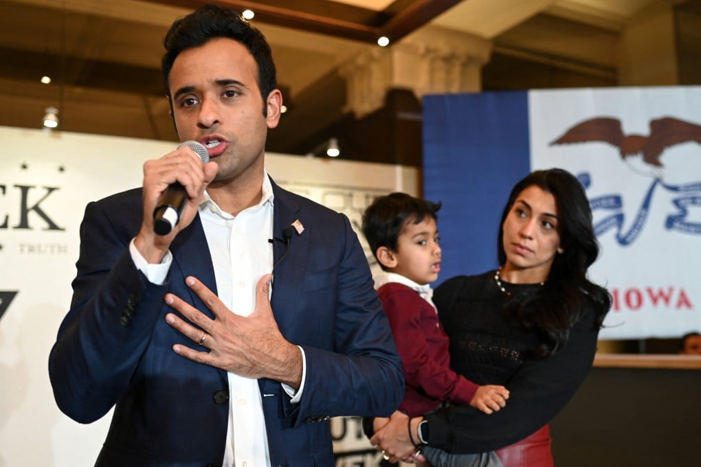 Vivek Ramaswamy with his wife Apoorva Tewari and son Karthik after suspending his campaign. Photo: Reuters