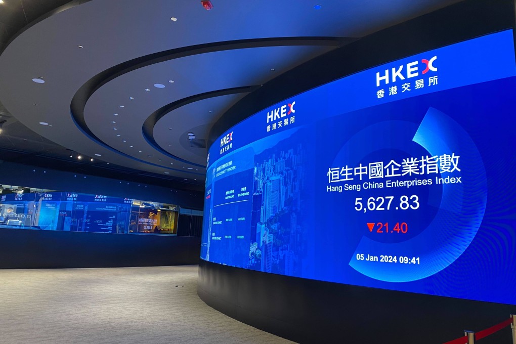 Electronic screens showing the Hang Seng Index and other market indicators inside the Connect Hall in Central, Hong Kong on January 5, 2024. Photo: Li Jiaxing