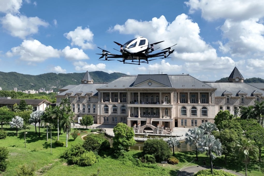 An EHang autonomous aerial vehicle conducting a demonstration flight at the Baoan District Low-Altitude Economy Investment Promotion Conference in Shenzhen last year. Photo: Handout