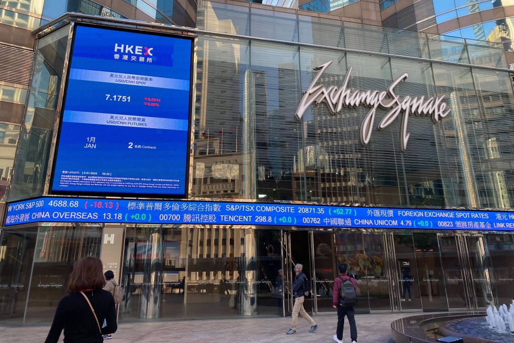 People walking outside the Exchange Square in Central, Hong Kong with screens showing index and stock prices on January 5, 2024. Photo: Li Jiaxing