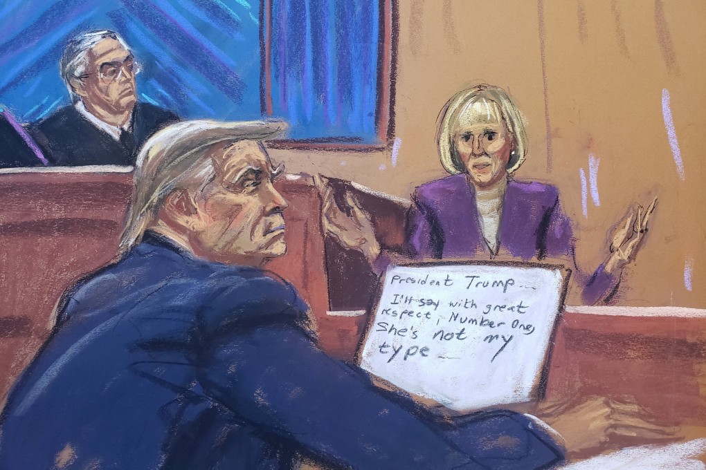 E. Jean Carroll testifies before Judge Lewis Kaplan as former US president Donald Trump watches in New York on Wednesday. Courtroom sketch: Jane Rosenberg via Reuters