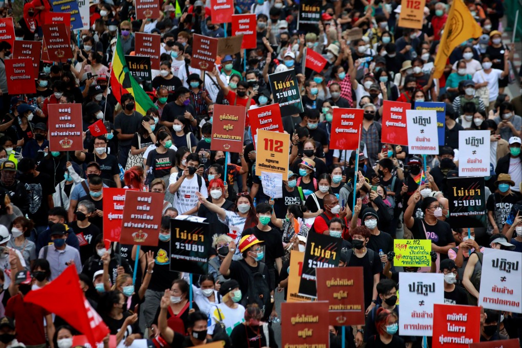 Demonstrators protest the amendment of the lese-majesty law, in in November 2021. A Thai appeal court sentenced a pro-democracy activist to 50 years for his royal insults. Photo: Reuters