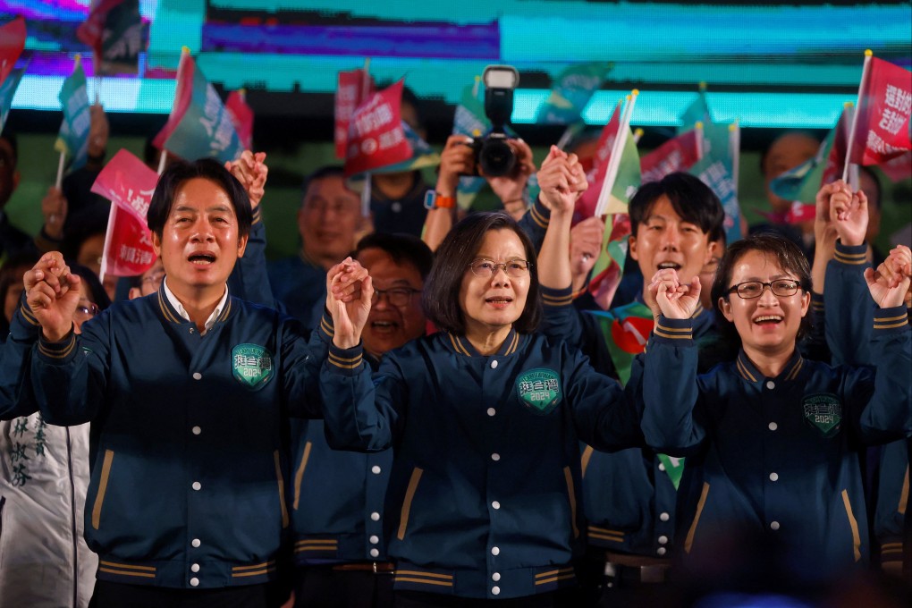Taiwanese President Tsai Ing-wen flanked by Vice-President William Lai and his running mate Hsiao Bi-khim at a campaign rally in New Taipei City on election eve. Photo: Reuters