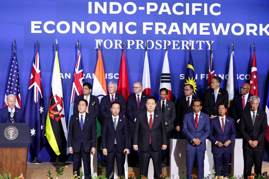 US President Joe Biden (left) delivering remarks at an Indo-Pacific Economic Framework event in San Francisco on November 16, 2023. A business group official warned on Wednesday that other IPEF nations were losing interest in the initiative. Photo: Reuters