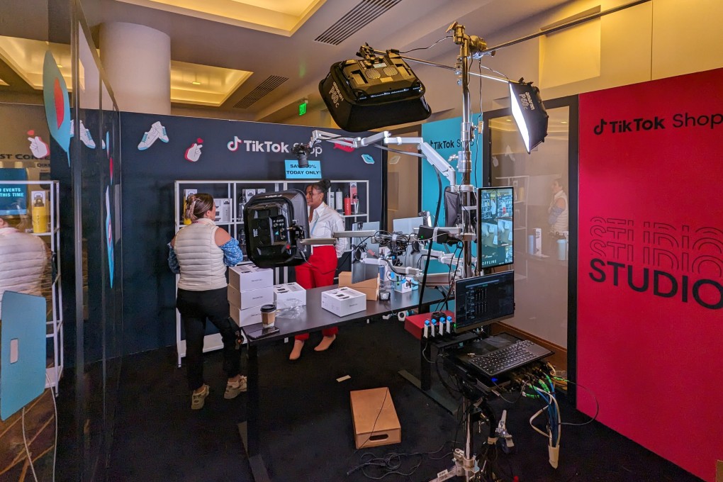 TikTok Shop and an online influencer prepare for a live-streaming session of selling goods from the Consumer Electronics Show (CES), Las Vegas, January 10, 2024. Photo: Matt Haldane