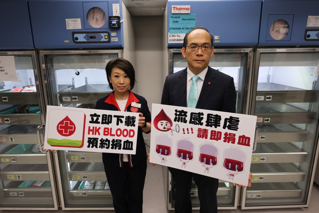 Lee Cheuk-kwong (right), the chief executive and medical director of Hong Kong Red Cross Blood Transfusion Service, says the number of regular donors has declined in recent weeks due to flu-related illnesses. Photo: May Tse