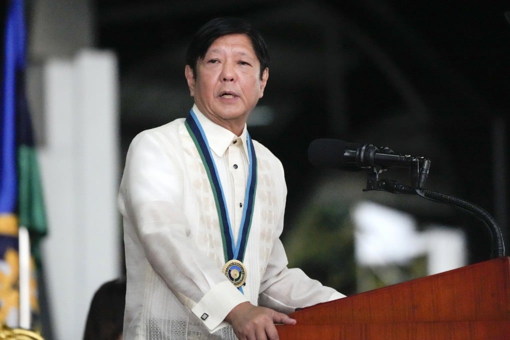 Philippines’ President Ferdinand Marcos Jnr delivers his speech at Camp Aguinaldo military headquarters in Quezon city, Philippines on December 21, 2023. Photo: AP