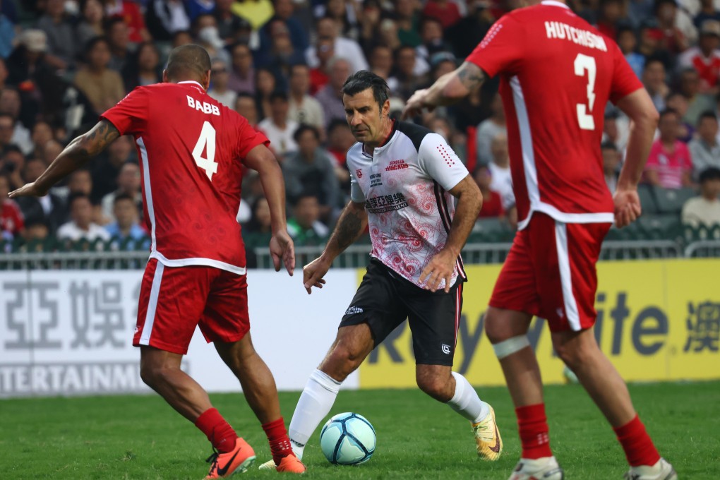 Luis Figo on the ball for the Scholes Legends at Hong Kong Stadium. Photo: Dickson Lee
