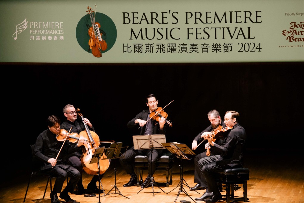 The Miro Quartet perform with violist Masumi Per Rostad (centre) for a performance of of Mozart’s String Quintet in G minor, KV 516 in the Beare’s Premiere Music Festival at Hong Kong City Hall Concert Hall. The annual feast of chamber music is promoted by Premier Performances. Photo: PPHK