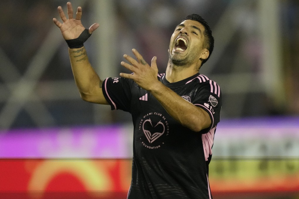 Inter Miami’s Luis Suarez shows his disappointment after missing a chance to score against El Salvador. Photo: AP