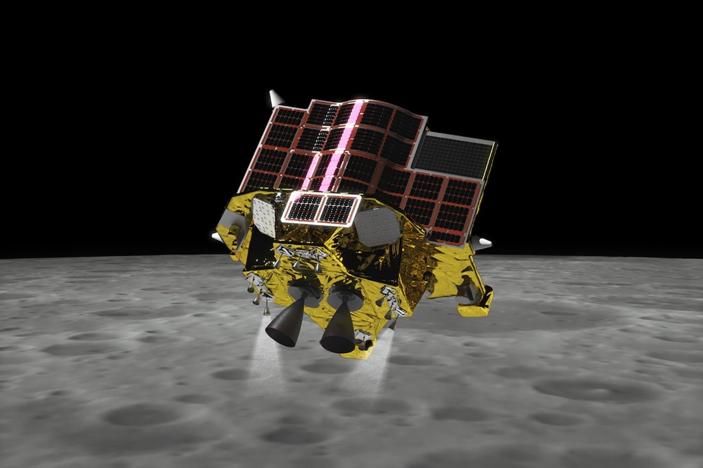 An artist illustration depicts Japan’s Smart Lander for Investigating Moon (SLIM) in its landing phase. Image: JAXA via EPA-EFE