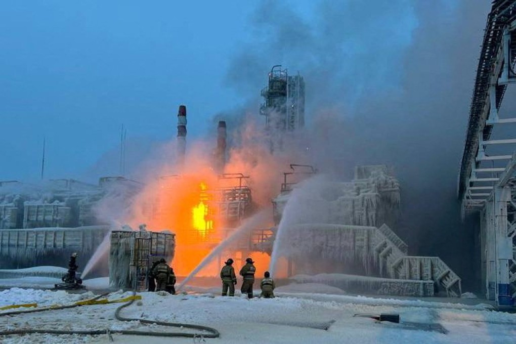 Firefighters work to extinguish fire at the Novatek terminal in the port of Ust-Luga, Russia. Photo: Reuters