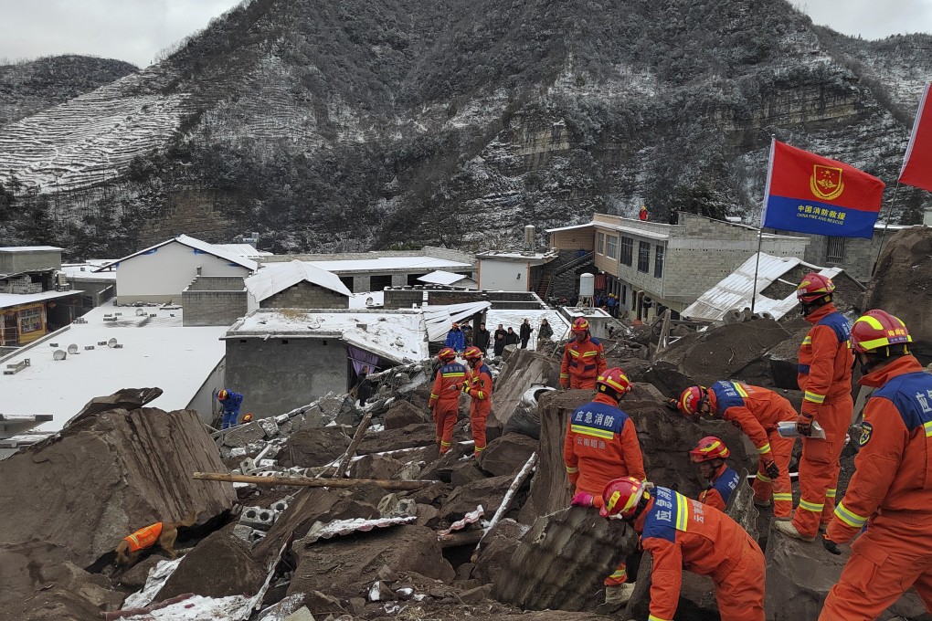 Rescuers look for victims of a landslide that struck the village of Liangshui in southwest Yunnan province on Monday. Photo: Xinhua