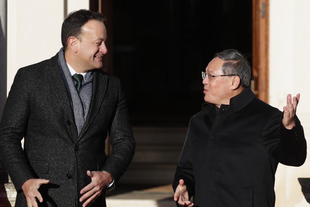 Chinese Premier Li Qiang (right) is greeted by Ireland’s Prime Minister Leo Varadkar in Dublin on January 17. On Wednesday, the European Commission will unveil details on its economic security strategy. Photo: AP