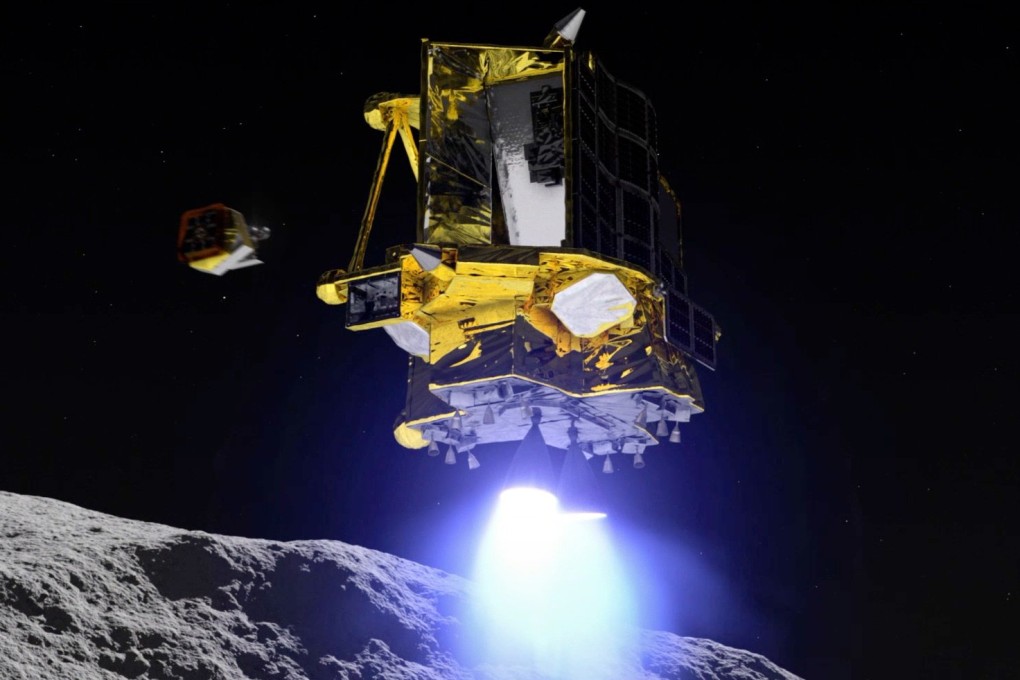 An artist illustration of the SLIM (Smart Lander for Investigating Moon) landing on the moon, which successfully soft-landed on the moon but cannot produce power with its solar generators. Photo:  EPA-EFE/JAXA Handout