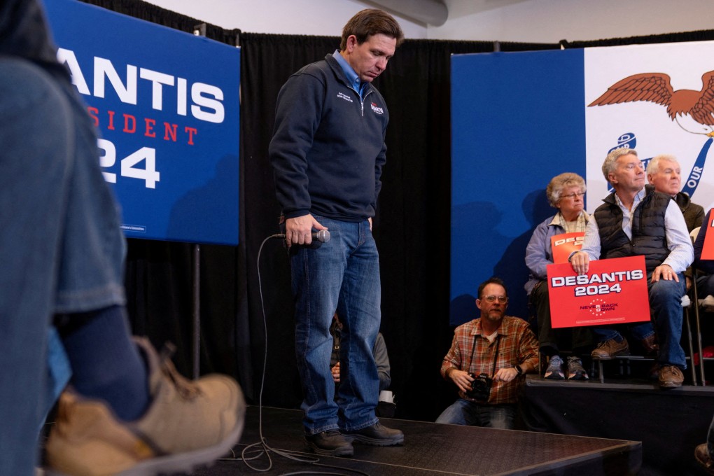 Ron DeSantis listens to a question from an audience member at a campaign event in Waukee, Iowa, earlier this month. Photo: Reuters