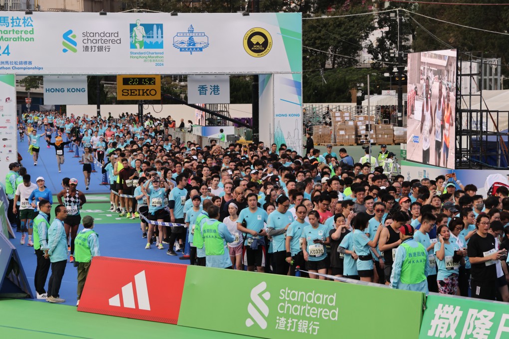 Runners arrive at the finish line at Victoria Park, Causeway Bay, on Sunday. The man’s death marked the sixth fatality in the history of the Standard Chartered Hong Kong Marathon, which began in 1997.Photo: May Tse