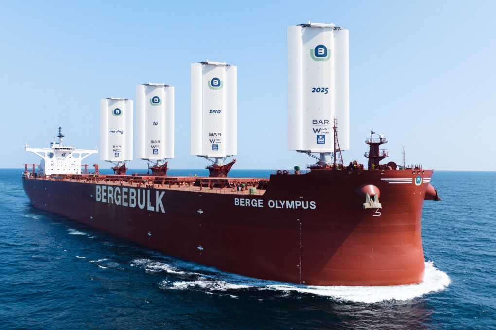 Berge Olympus, a dry bulk vessel retrofitted with wind power-assisted sailing equipment for carbon emissions reduction. Handout photo