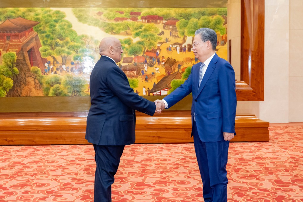 Zhao Leji, chairman of the NPC Standing Committee, with Dileita Mohamed Dileita, speaker of the National Assembly of Djibouti, in Beijing on Tuesday. Photo: Xinhua