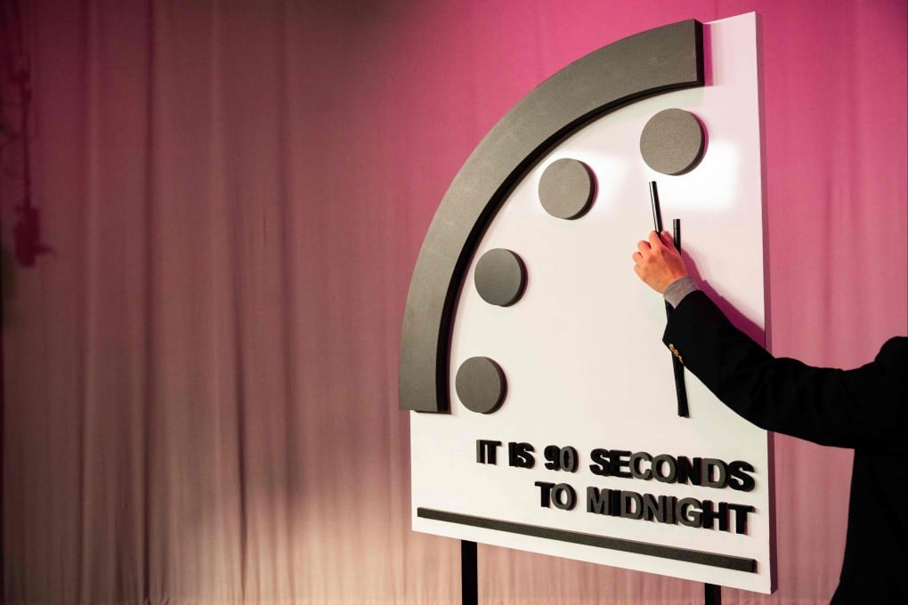 The Doomsday Clock reads “90 seconds to midnight”, a decision made by The Bulletin of Atomic Scientists, during an announcement in Washington on Tuesday. Photo: Hastings Group Media via AFP