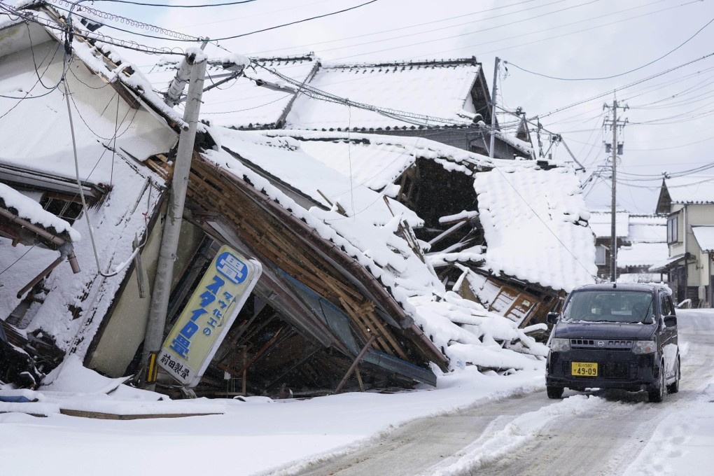 Collapsed buildings covered with snow in Suzu, Ishikawa prefecture, on Wednesday in the aftermath of the earthquake in central Japan on January 1. Photo: Kyodo