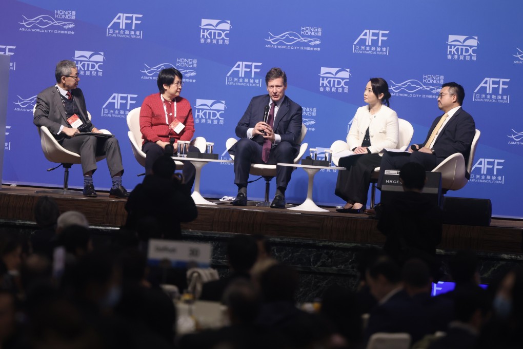 A panel discussion on the renminbi’s global use during the second day of the Asian Financial Forum (AFF) on 25 January 2024, featuring (left to right): Moderator Au King-lu, executive director of the Financial Services Development Council, Ding Chen, CEO of CSOP Asset Management, Nicolas Macket, CEO of Luxembourg for Finance, Karen Ng, managing director, China opening and RMB internationalisation of Standard Chartered, and Edward Lau Fu-keung, chief financial officer of New World Development. Photo: Jonathan Wong