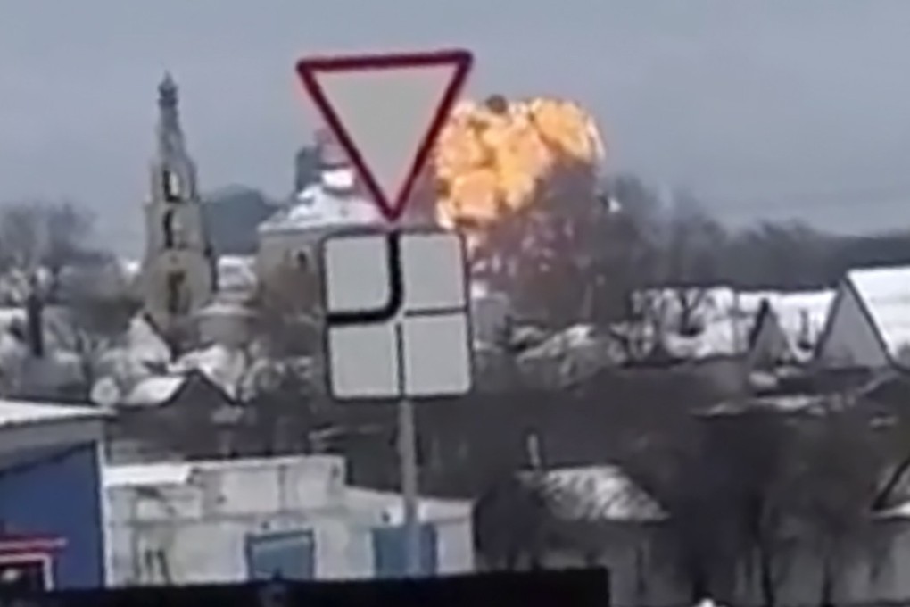 Flames rising from the site where a plane crashed near Yablonovo, Belgorod region, on Wednesday. Photo: UGC via AP