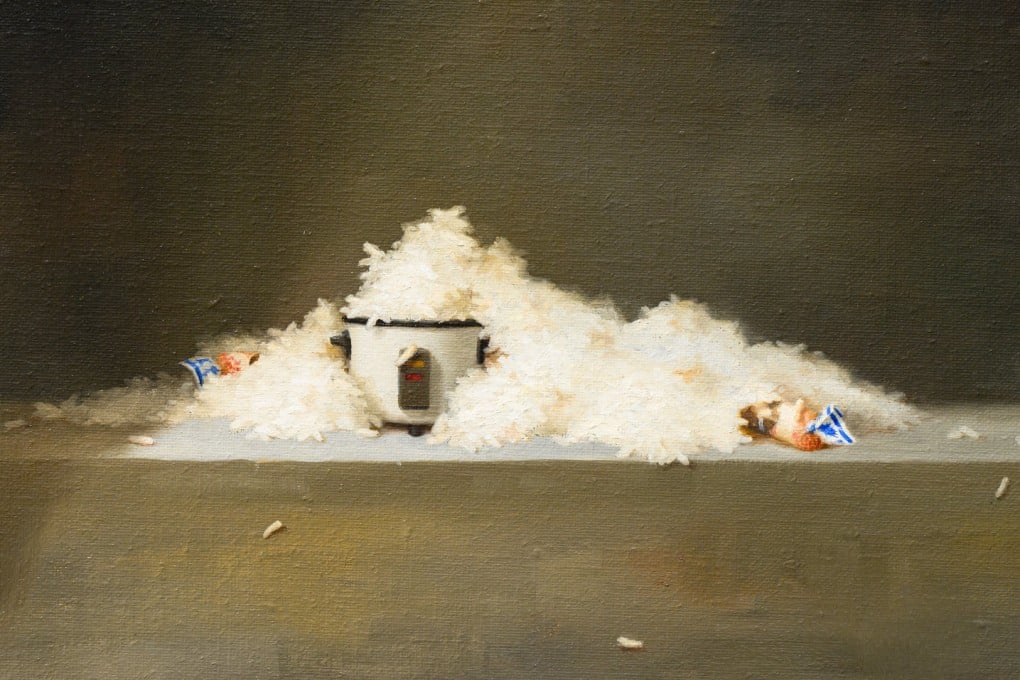 Detail from “Hide and Seek: Rice Cooker, Rice and White Rabbits”, one of the paintings featured in Chang Ya-chin’s first Hong Kong exhibition, “These Things”, in which the artist brings food to life to get viewers to look at the world in a new way. Photo: Chang Ya Chin/Kiang Malingue