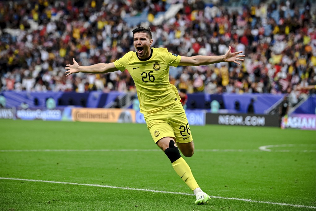Malaysia’s Romel Morales celebrates scoring a late equaliser against South Korea. Photo: Xinhua