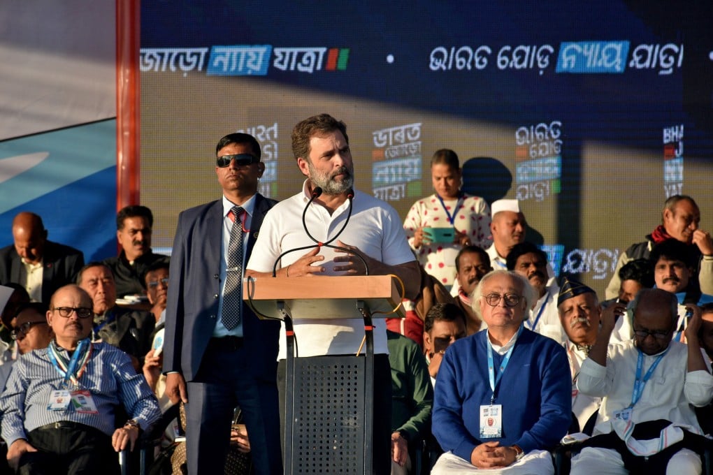 Rahul Gandhi (centre), a leader of India’s main opposition Congress party, addresses his party’s supporters during his second cross-country march, in Thoubal district of the northeastern state of Manipur, India, on January 14. Photo: Reuters