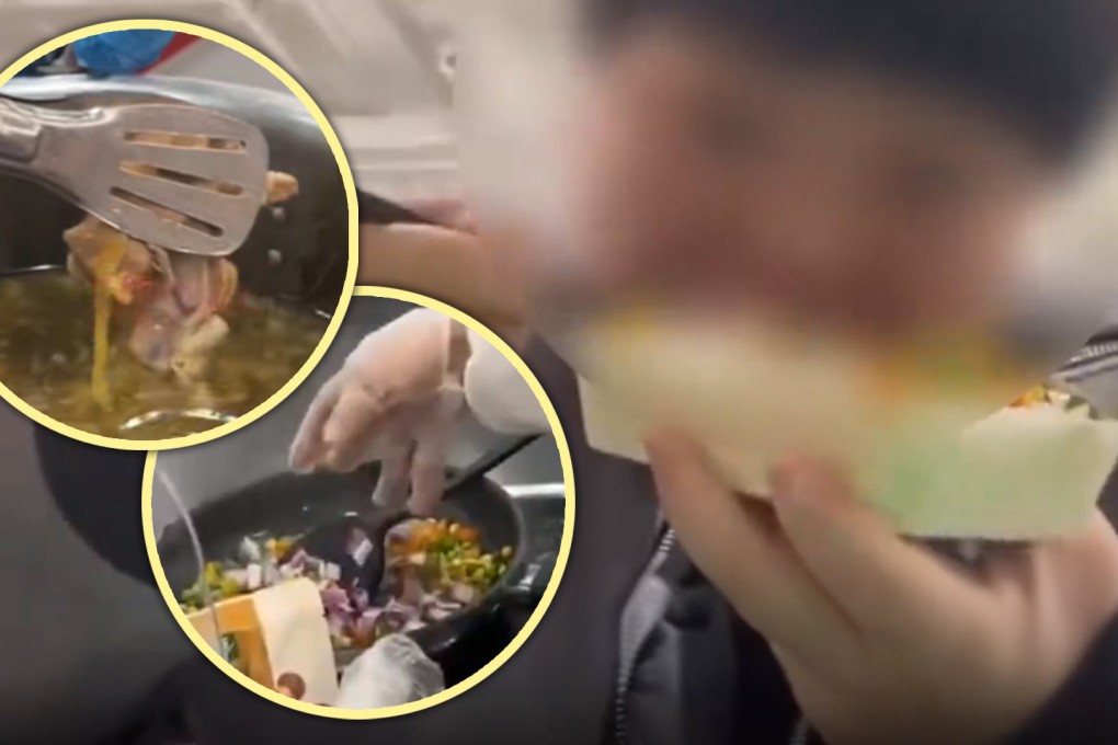 A popular influencer in China has sparked a debate about greed online after he turned up at a wholesale food outlet with his own box of cooked rice and gorged on food samples until he was full. Photo: SCMP composite/Baidu/Douyin