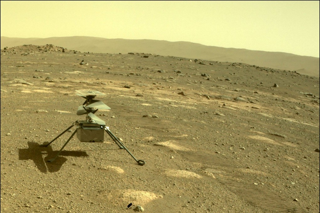 The Ingenuity helicopter, as seen from a camera on the Perseverance rover in 2021. File photo: Nasa