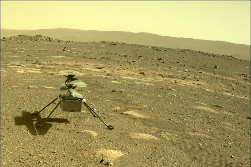 The Ingenuity helicopter, as seen from a camera on the Perseverance rover in 2021. File photo: Nasa