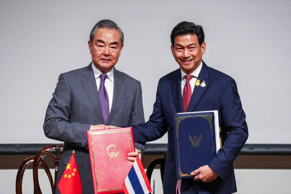 Chinese Foreign Minister Wang Yi with Thai counterpart Parnpree Bahiddha-Nukara in Bangkok on Sunday. Photo: Reuters